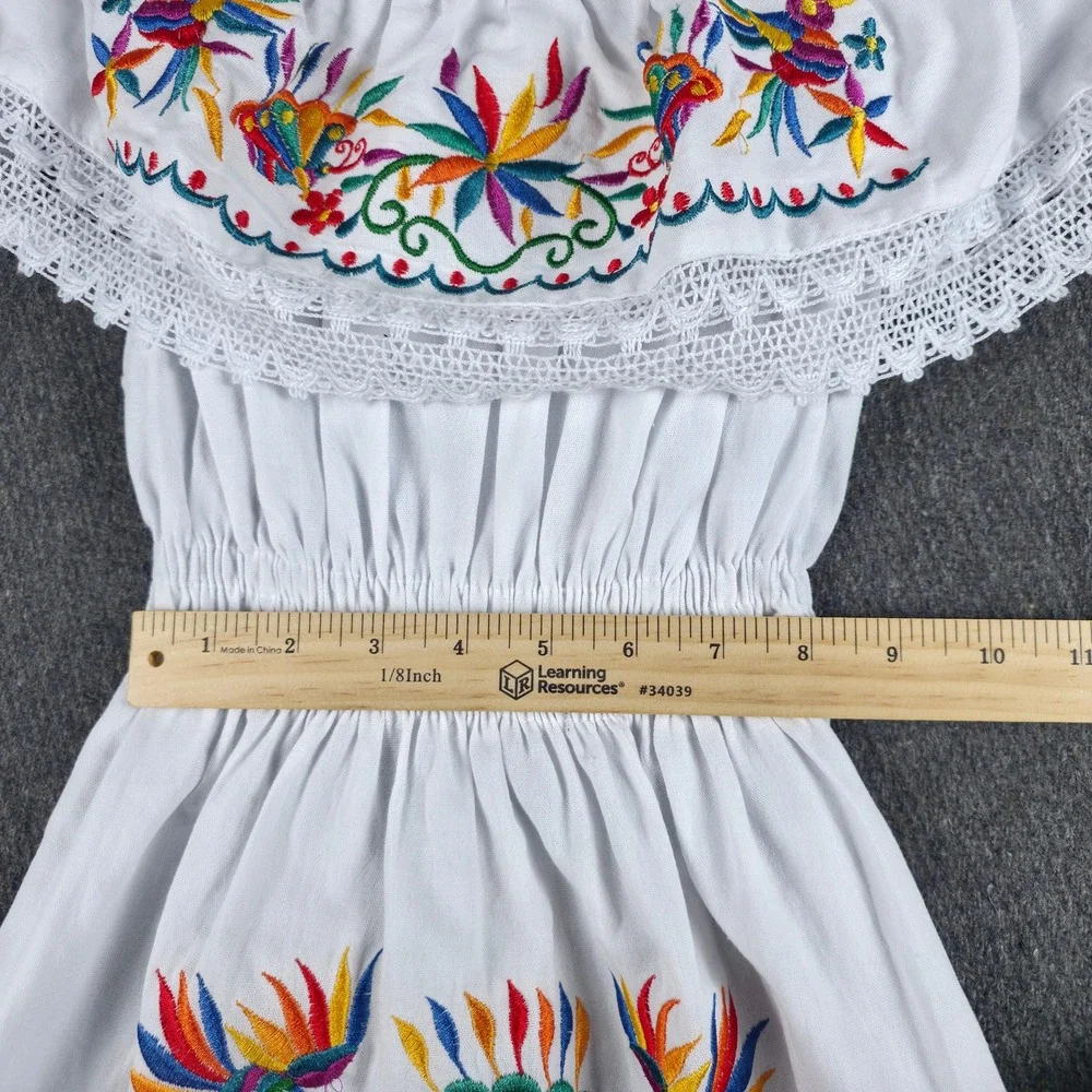 Mexican Peasant Dress Kids Size 6 White Floral Bird Embroidered Boho
